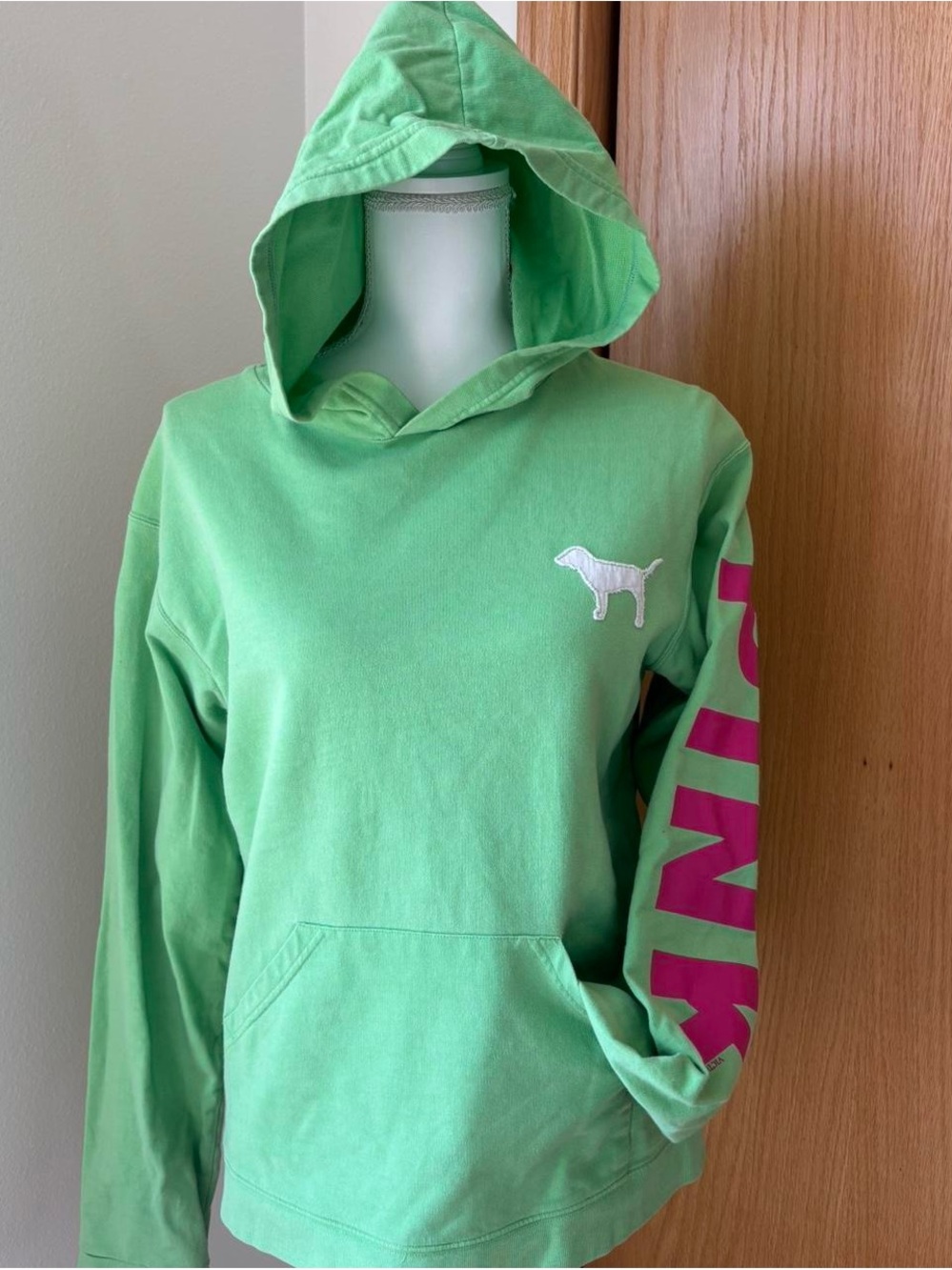 Y2K PINK Victoria's Secret Green Hoodie with Pink Label